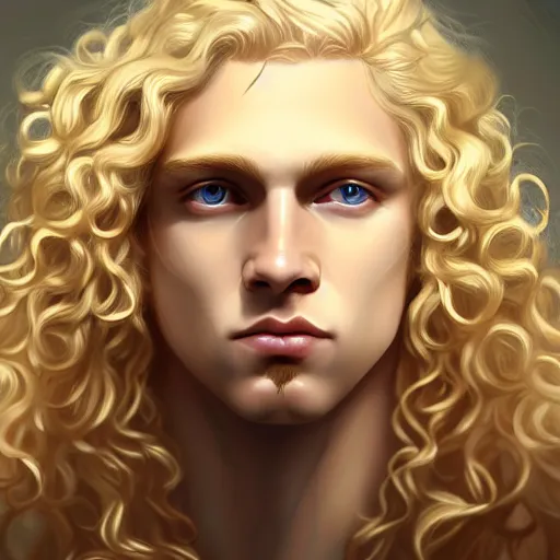 Prompt: the pale blond androgynous male god of the sun, highly detailed, very very very curly golden blond hair, baroque curls, curtain bangs, central parted fringe, extremely luscious curly blond hair, very very very pale white skin, digital painting, artstation, concept art, soft light, sharp focus, illustration