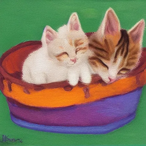 Image similar to two kittens sleeping in a basket, acrylic paint, warm color palette, happy