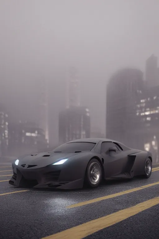 Prompt: Batman car in cold fog. Сoncept art, Dan Mumford, Greg Rutkowski, Quixel Megascans, octane render, 16k, 8k, photoillustration, RTX