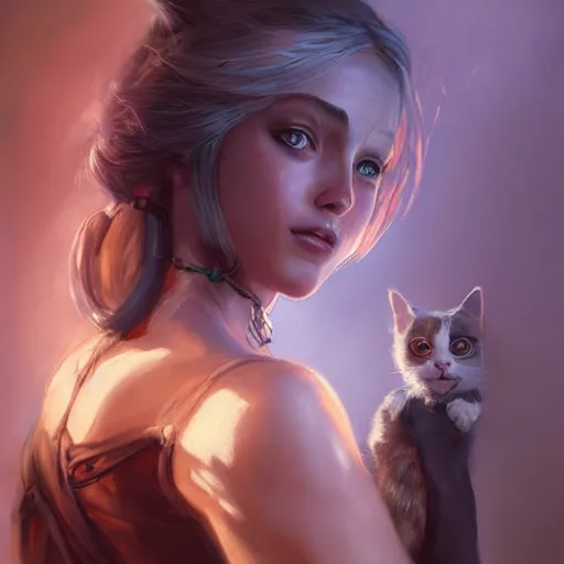 Image similar to Ciri holding a cat, beautiful lighting, expressive oil painting, trending on artstation, digital art, by Yoshitaka Amano