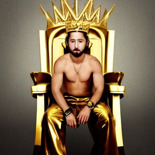 Image similar to HQ photo face picture of Shia Labeouf sitting on a throne wearing a golden crown