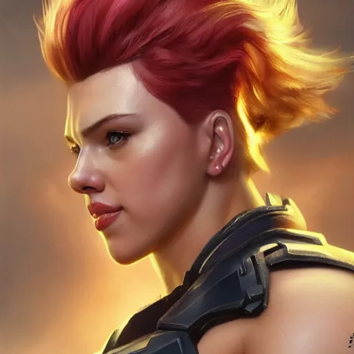 Prompt: detailed portrait of scarlett johansson as muscular zarya from overwatch, beautiful, fantasy, intricate, elegant, highly detailed, digital painting, artstation, concept art, matte, sharp focus, illustration, art by aenaluck, artgerm and roberto ferri and greg rutkowski, epic fantasy, digital painting