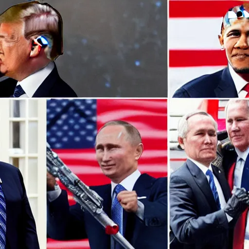 Image similar to photo of putin, trump, obama and bush having a lightsaber fight