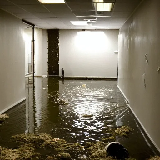 Prompt: backrooms office space, ominous lighting, moldy walls, demogorgon wading in shallow water