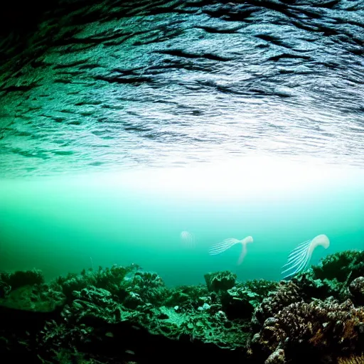 Image similar to ocean floor, jelly fish, landscape, night, glow in dark, cinematic, wildlife photography, wide angle, dark