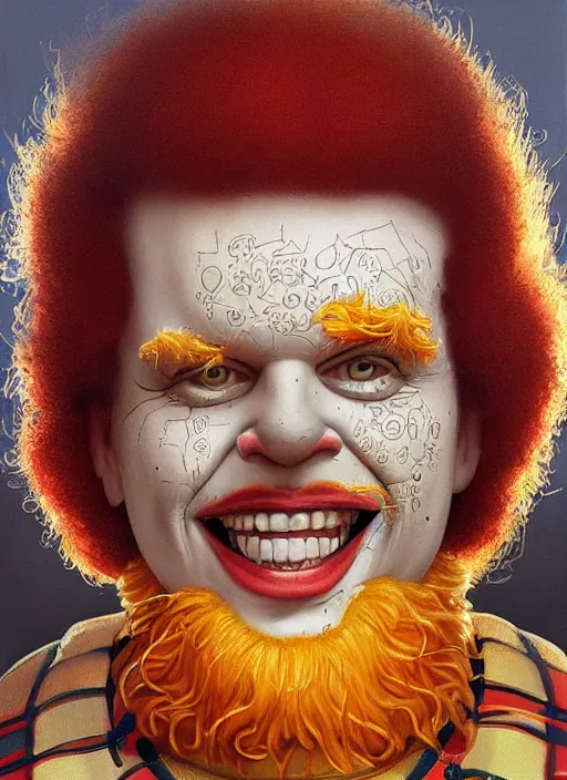 Prompt: portrait of Ronald McDonald in Society (1989), intricate, highly detailed, centered, digital painting, artstation, concept art, smooth, sharp focus, illustration, artgerm, donato giancola, Joseph Christian Leyendecker, WLOP, Artgerm