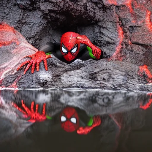 Image similar to head of the spiderman emerges from a lava lake, cave background, high detail, lava reflections, cave reflecting in the lava lake, dramatic shot