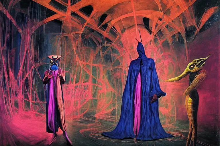 Image similar to a masterpiece painting in the laboratory of a technomancer wizard, in dazzle camouflaged robes, pointed hoods, he discusses sentience with his al djinn by remedios varo and anato finnstark and greg rutkowski and andy warhol and francis picabia. dayglo pink blue, prismatic, pearlescent, raven black, glowing, hyperrealism, trending on artstation