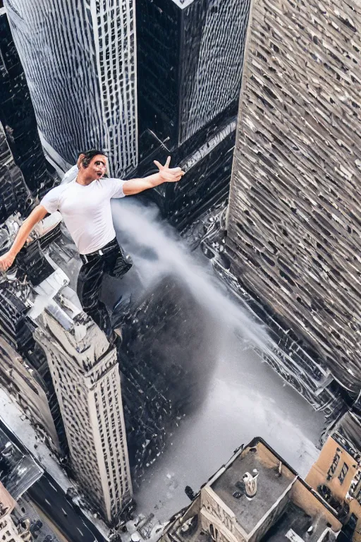 Image similar to !dream a man jumping from a building in New York, dust explosion, ground view 4k detailed photography