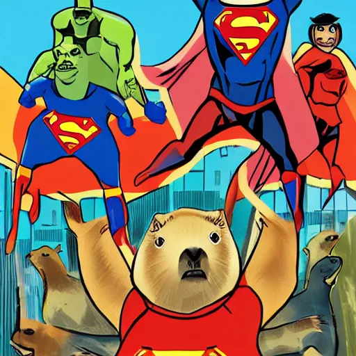 Prompt: 4 capybara superheroes