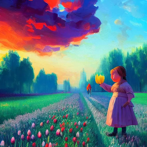 Image similar to dutch girl with singular giant tulip as a face, surreal photography, flower field, sunset dramatic light, impressionist painting, colorful clouds, blue sky, digital painting, artstation, simon stalenhag