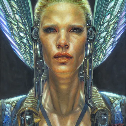 Prompt: portrait of a cyberpunk angel, by donato giancola.