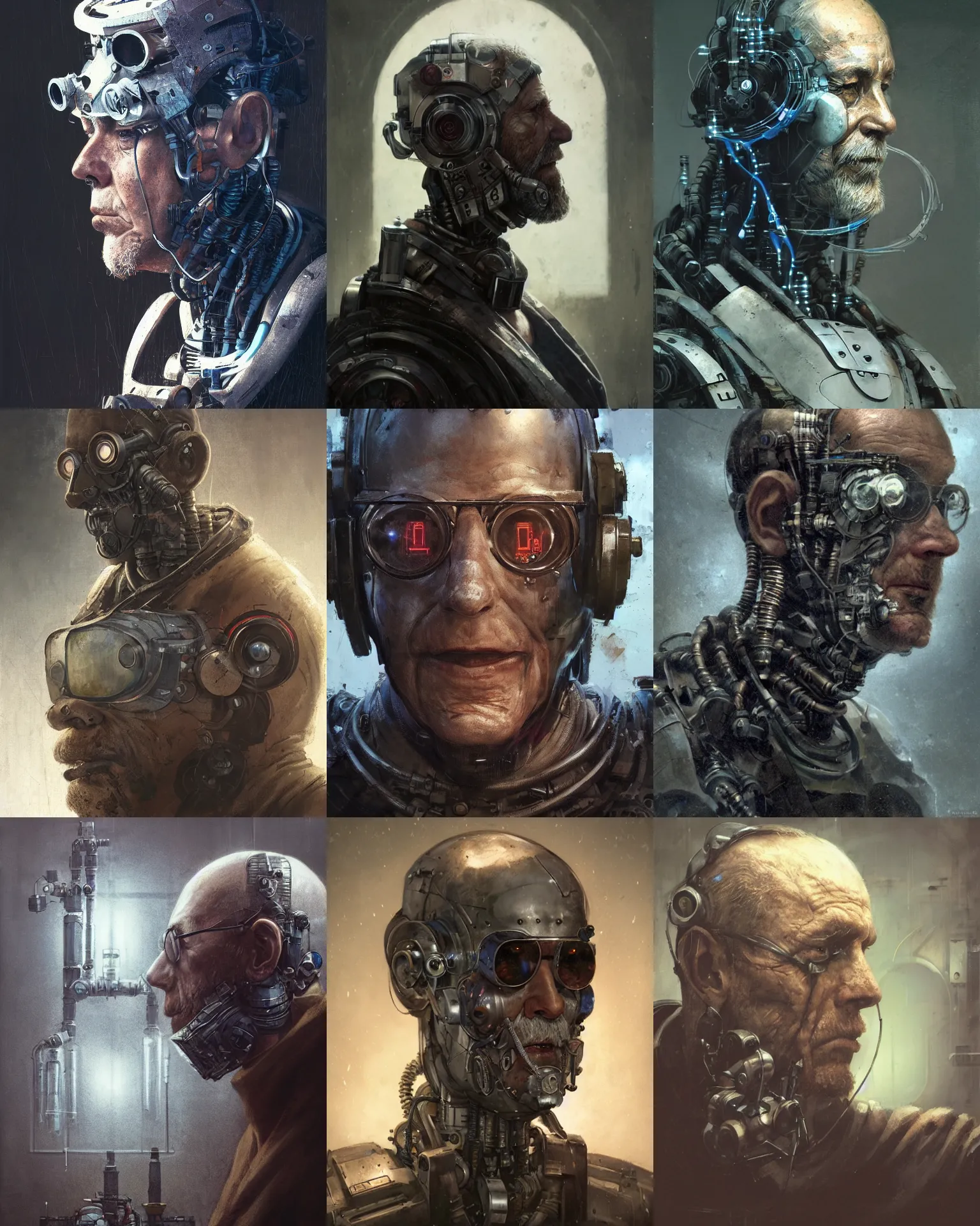 Prompt: a half - masked rugged old laboratory engineer man with cybernetic enhancements as seen from a distance, scifi character portrait by greg rutkowski, esuthio, craig mullins, 1 / 4 headshot, cinematic lighting, dystopian scifi gear, gloomy, profile picture, mechanical, half robot, implants, steampunk