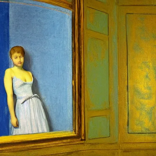 Image similar to close up of a girl in a blue and gold haunted liminal abandoned room, film still by edward hopper, by Pontormo, by klimt, art noveau, highly detailed, strong lights, liminal, eerie, Bright pastel colors