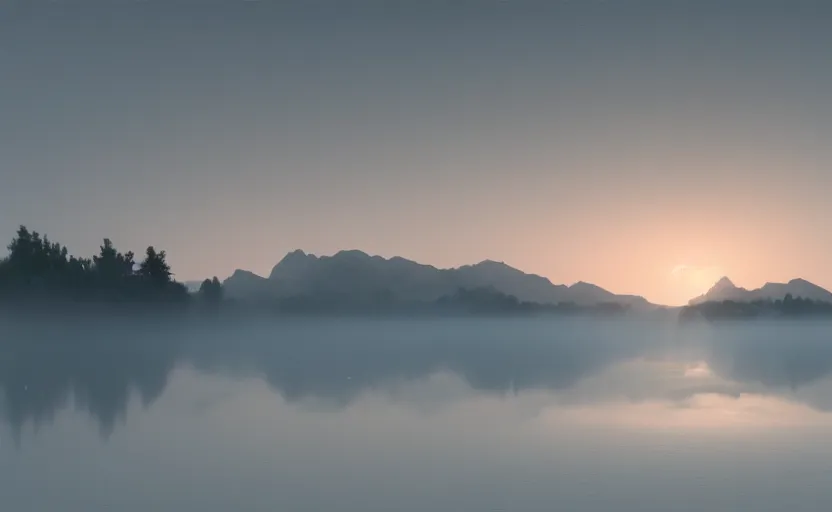 Prompt: a strange lake directed by charlie kaufman ( 2 0 0 1 ) anamorphic lenses, foggy volumetric light before sunrise, cinematic trending on artstation in the style of greg rutkowski