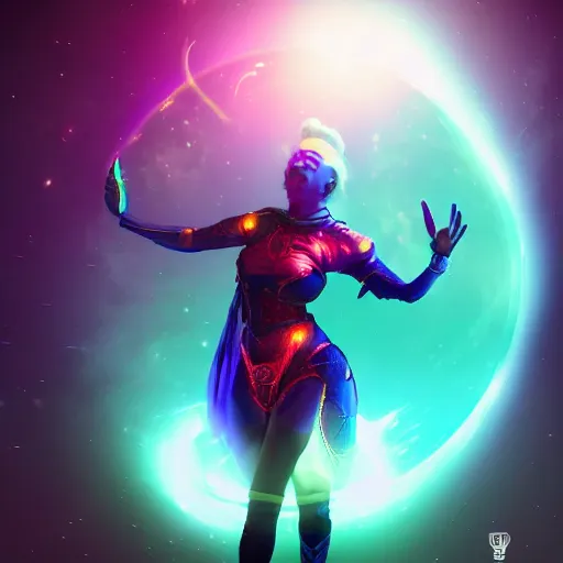 Prompt: a powerful goddess woman floating with a glowing orb of blue power in her hand, trending on artstation, colourful, powerful, dark, mysterious, maximalist, full body shot, japanese, unreal engine 5, evil, warrior, nebula background, wearing a farce robe, army behind her and war - s 1 5 0