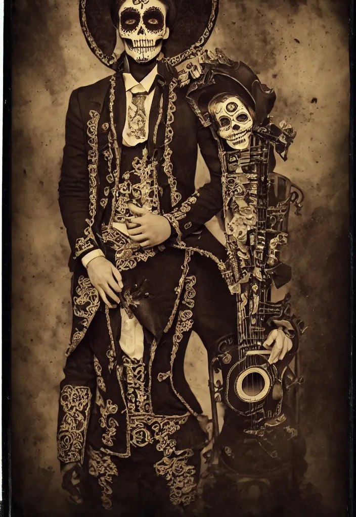 Image similar to tintype full body view, man in mariachi dia de muertos suit and make up, horrific beautiful vibe, evocative, atmospheric lighting, painted, intricate, highly detailed,