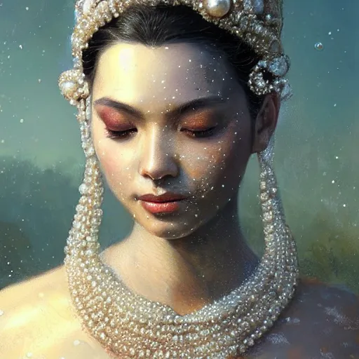 Image similar to a beautiful portrait of a pearl goddess with glittering skin, a detailed painting by greg rutkowski and raymond swanland, featured on cgsociety, fantasy art, detailed painting, artstation hd, photorealistic