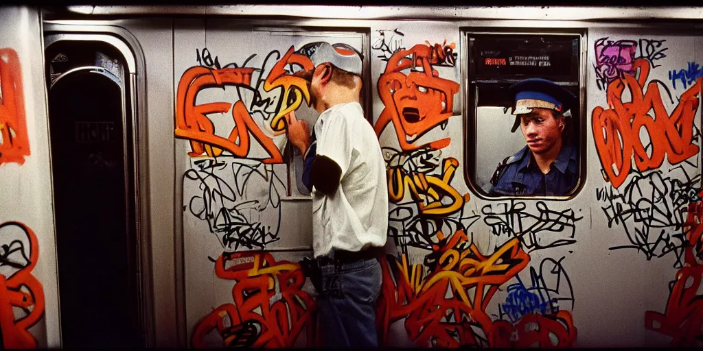 Prompt: new york subway cabin 1 9 8 0 s inside all in graffiti, policeman closeup, coloured film photography, christopher morris photography, bruce davidson photography