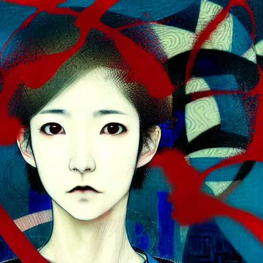 Image similar to yoshitaka amano blurred and dreamy realistic three quarter angle portrait of a young woman with short hair and black eyes wearing office suit with tie, junji ito abstract patterns in the background, satoshi kon anime, noisy film grain effect, highly detailed, renaissance oil painting, weird portrait angle, blurred lost edges