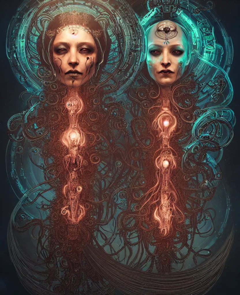 Image similar to queen of death. intricate portrait, occult cyberpunk, ancient futuristic, dark art, occult. intricate biomechanical, bioluminescent halo around head, mandala ornament, cybernetic glowing jellyfish, tentacles, by Petros Afshar, by artgerm, by Eddie Mendoza, by Peter mohrbacher by tooth wu, unreal engine, octane render, cinematic light, high details, iridescent colors, macro