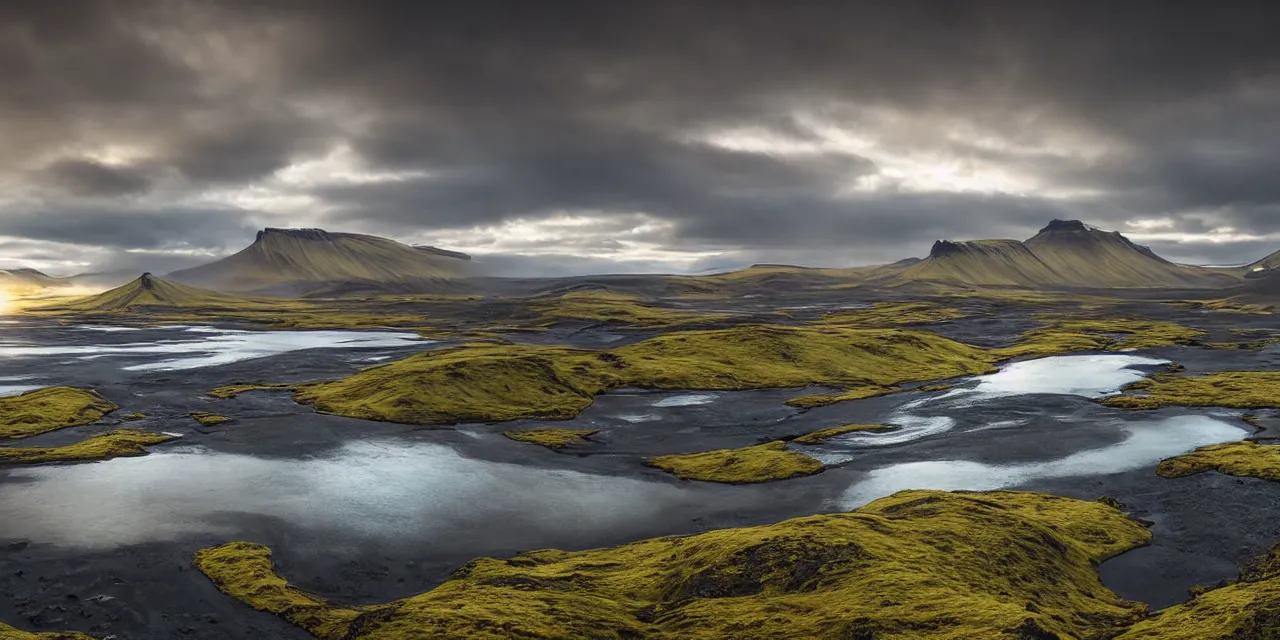 Prompt: iceland highlands in the summer by dylan cole, matte painting with high detail, ground level, sci - fi star wars megacity with dramatic lighting and dramatic sky, 4 k, cinematic cinematography.