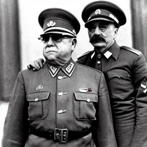 Image similar to 1942 photograph of Danny DeVito in a Soviet officer's uniform standing next to Joseph Stalin