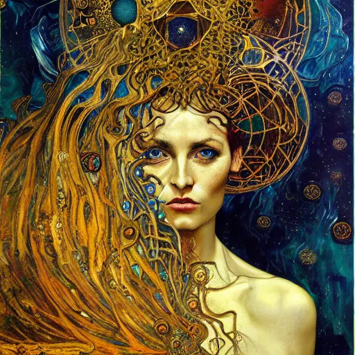 Prompt: Divine Chaos Engine portrait by Karol Bak, Jean Deville, Gustav Klimt, and Vincent Van Gogh, celestial, sacred geometry, visionary, mystic, fractal structures, ornate gilded medieval icon, spirals