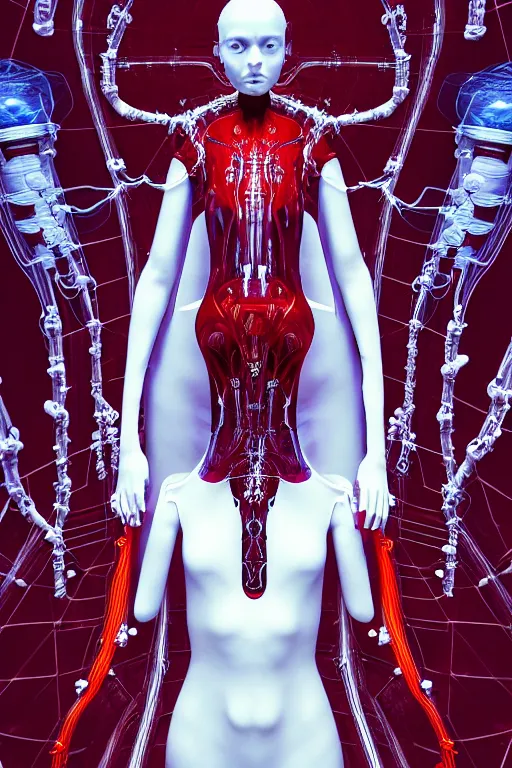 Image similar to background space station, red baroque inflateble dress iris van herpen positing on floor, helmet instead of a head, perfect symmetrical, full body shot, inflateble shapes, wires, tubes, veins, jellyfish, white biomechanical details, wearing epic bionic implants, masterpiece, intricate, biopunk, vogue, highly detailed, artstation, concept art