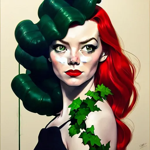 Image similar to joshua middleton, phil noto, norman rockwell, artgerm, 1 9 5 0 s rockabilly emma stone poison ivy dc comics, pompadour, vines, symmetrical eyes, city rooftop