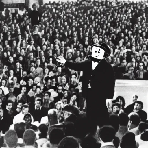 Image similar to an old black and white photo of a clown giving a rousing political speech to a huge crowd,