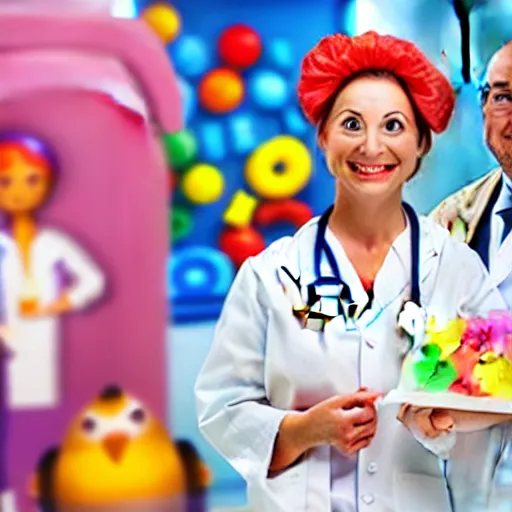 Image similar to photo of a happy patient and doctor or nurse in a hospital room made out of soft candy, candy hospital equipment, candy hospital room, candy treatments, oompa loompa virus, willy wonka pandemic