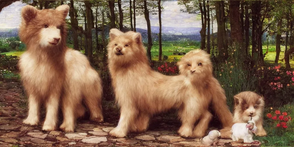 Image similar to 3 d precious moments plush animal, realistic fur, abby at the oakwood, master painter and art style of john william waterhouse and caspar david friedrich and philipp otto runge