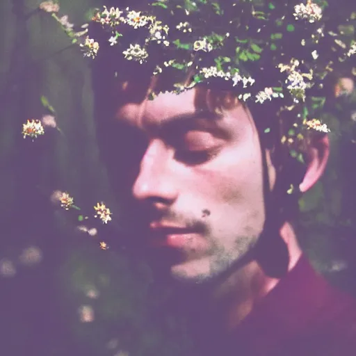 Image similar to close up kodak portra 4 0 0 photograph of a skinny guy standing in dark forest, face covered in flowers, moody lighting, telephoto, 9 0 s vibe, blurry background, vaporwave colors, faded!,