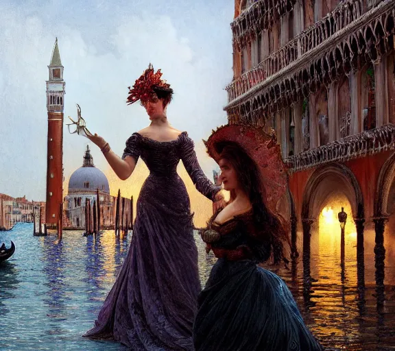 Image similar to photography of a 1 8 th couple in venice with fireworks, deep focus, intricate, elegant, highly detailed, digital painting, artstation, concept art, matte, sharp focus, illustration, art by artgerm and greg rutkowski and alphonse mucha and gil elvgren