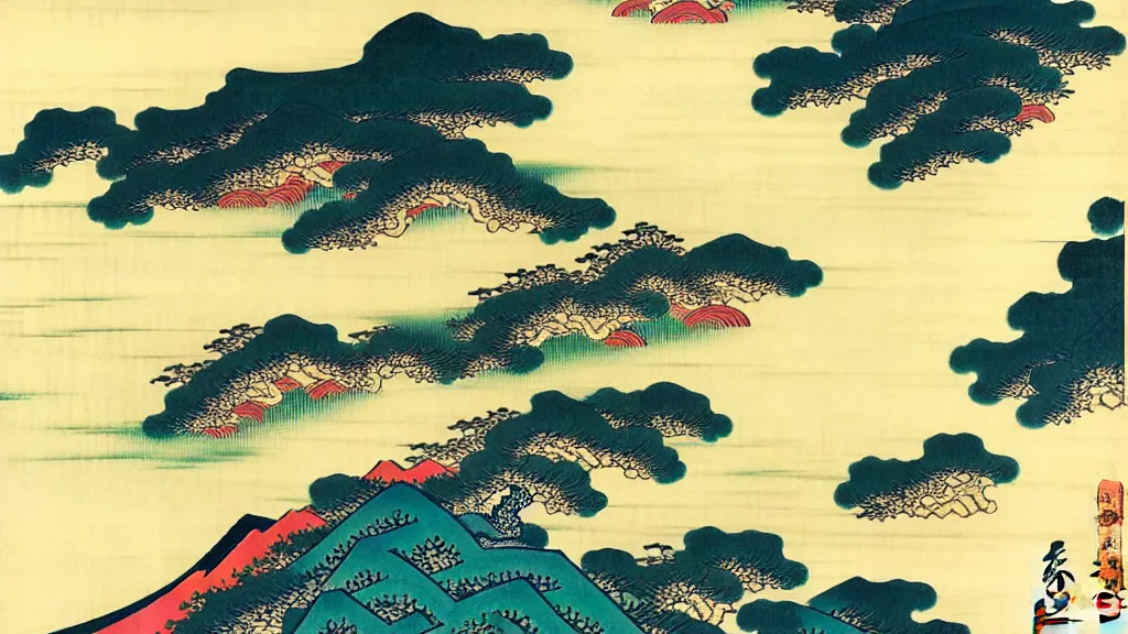 Image similar to landscape, by katsushika hokusai, calligraphy, pastel art, happy, feng shui, ray tracing reflections