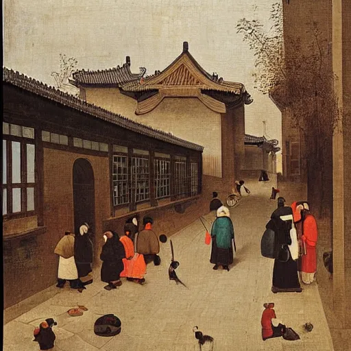 Prompt: A painting of everyday life in a quiet street in Beijing by Bruegel.