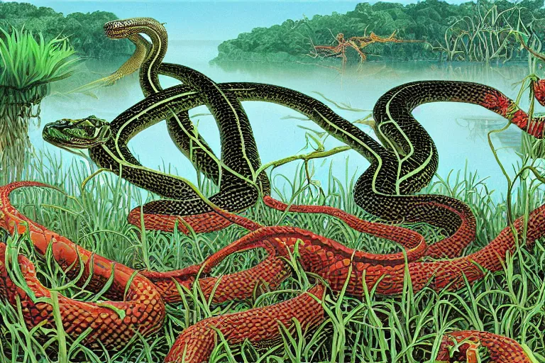 Image similar to Snake oil salesman searching the swamps of Formosa for the elusive water snake, painting by Roger Dean, painting by Naomi Okubo