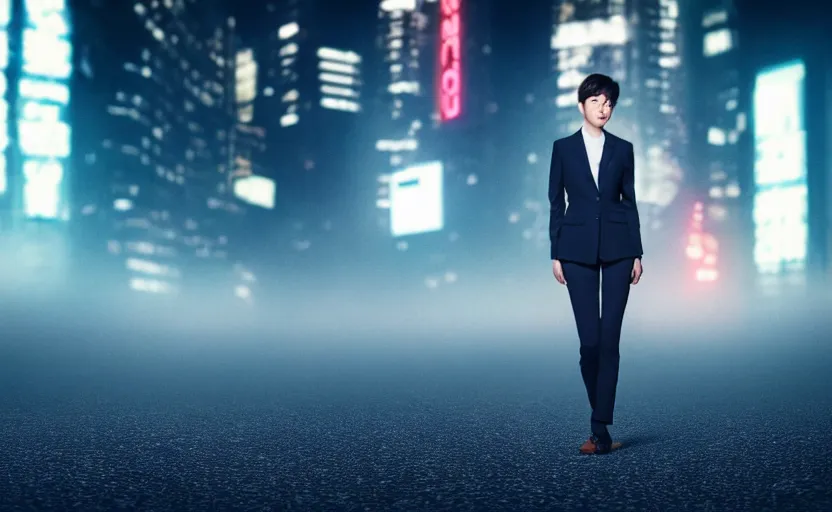 Image similar to a wide shot of a woman with a wool suit, very short hair, blurred face, wearing an omega speedmaster on her wrist in front of a crowded dystopian city full of people walking at night with fog and cyberpunk lights