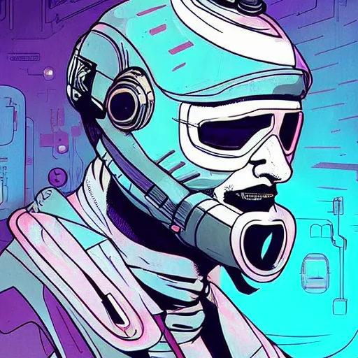 Image similar to “in the style of josan Gonzalez and jinx88 a young and suave cyberpunk teenager wearing a futuristic helmet, eyes still visible, highly detailed, y2k”