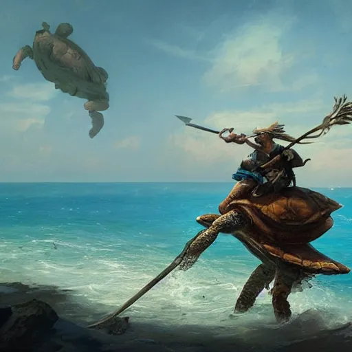 Image similar to man riding sea turtle with a spear, geog darrow greg rutkowski