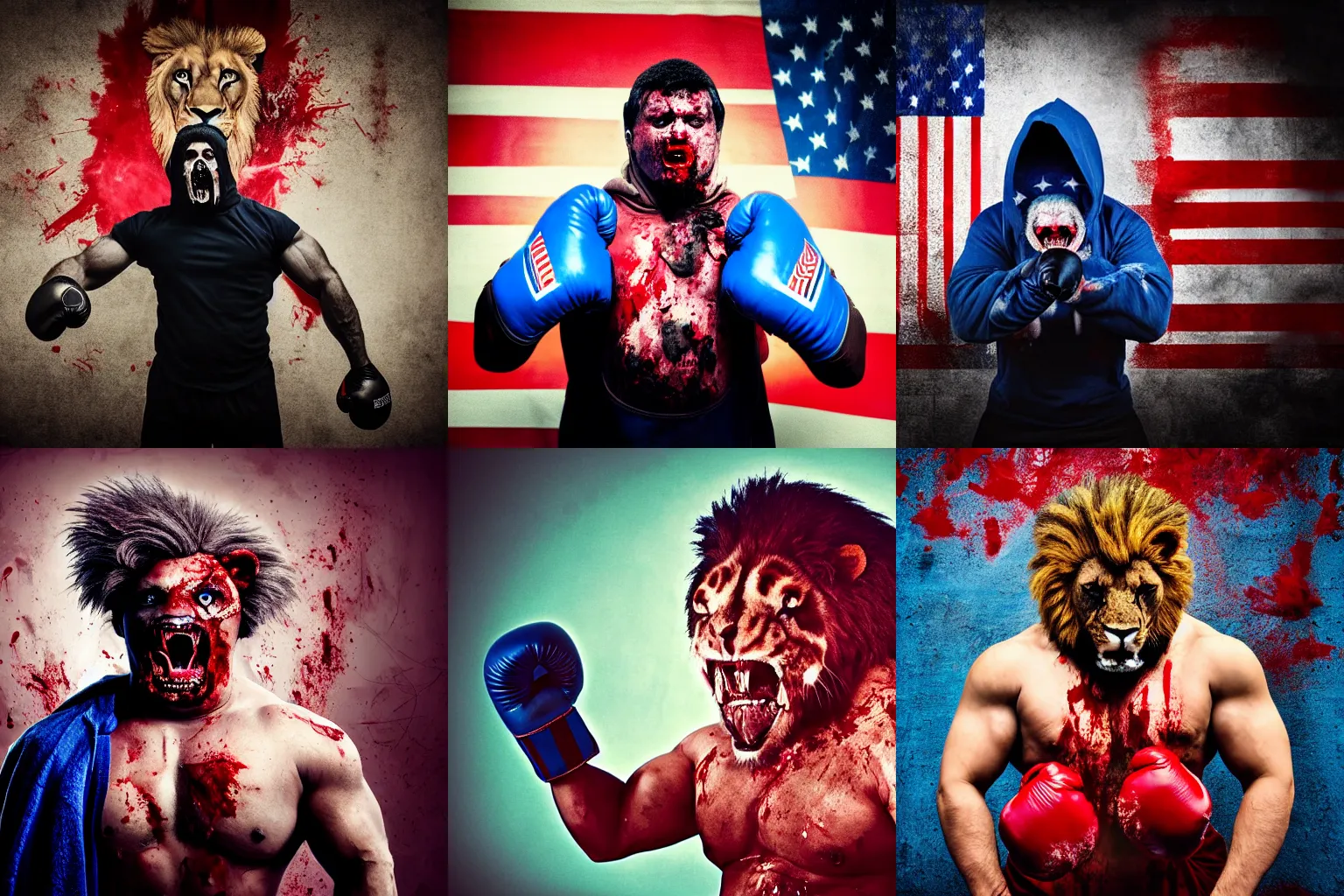 Prompt: high detail cinematic photograph portrait , epic pose mutant powerlifter muscular oversized lion with big eyes is covered in blood and wearing dirty bloody hoodie and united states flag boxing gloves, very dramatic dark studio blue backlight , horror