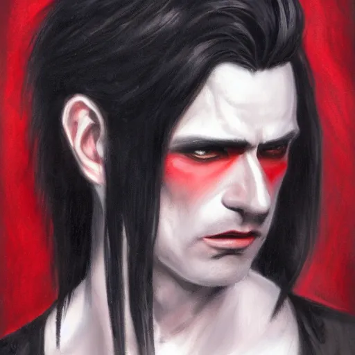 Prompt: a classical vampire, male, late - 4 0 s aged, long, slicked black hair, clean shaven, in red and black, regal, high fantasy, oil painting, realistic, full body shot, concept art.