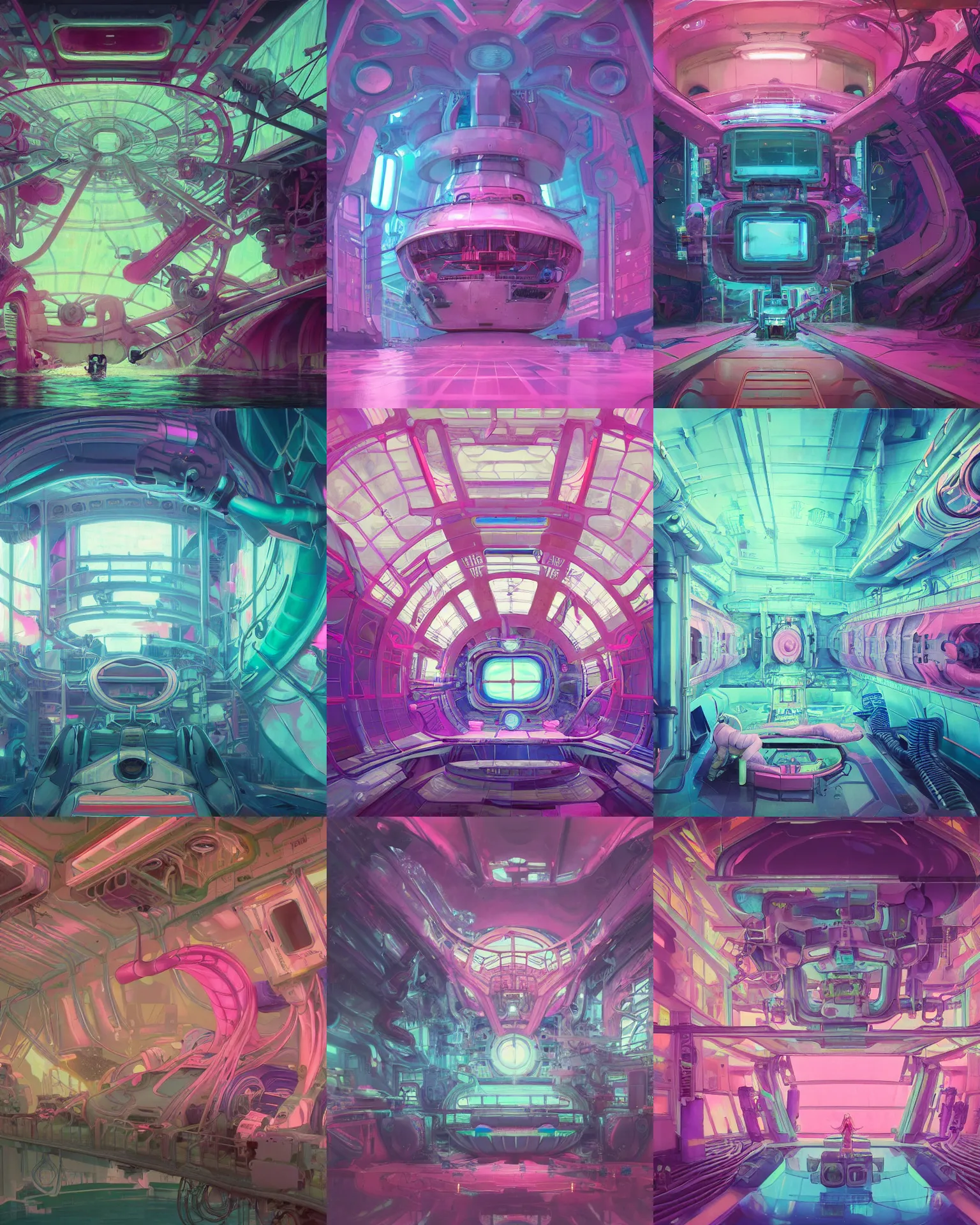 Prompt: the inside of a the inside of a seapunk Mecha stomach tank flooded with pink water up to waist height, stomach vibes, cinematic lighting, walls lined with neon tube lights, vaporwave , digital art, artstation, by WLOP, Ilya repin, alphonse mucha. Dynamic perspective mouth, Very highly detailed 8K, octane, Digital painting, the golden ratio, rational painting