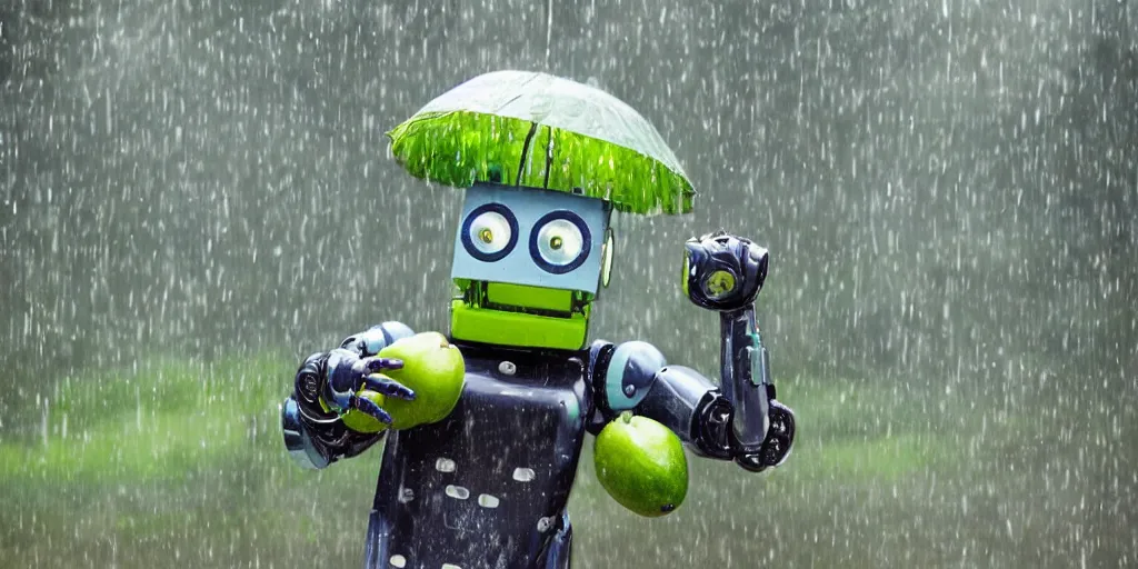 Prompt: a happy robot juggling avocados in the rain