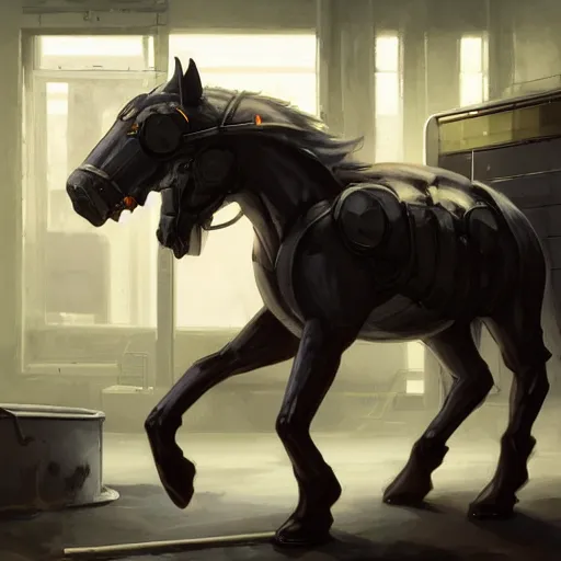 Image similar to splash art of a black - coated anthropomorphic horse supersoldier with gargantuan muscles in a research facility wearing a combat kevlar outfit, long white mane coming out of helmet, highly detailed, furry, furaffinity, digital painting, artstation, sharp focus, illustration, art by artgerm, greg rutkowski, alphonse mucha