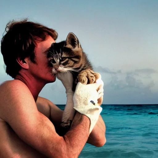 Prompt: dexter morgan snuggling a kitten on the beach in miami high resolution award winning photo