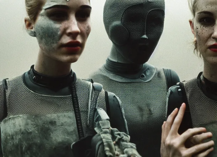 Image similar to cinestill 5 0 d photographic portrait by helen levitt of a group of cute android women wearing rugged black mesh techwear in a foggy cement grove, extreme closeup, modern cyberpunk, dust storm, 8 k, hd, high resolution, 3 5 mm, f / 3 2, ultra realistic faces, intricate detail, ex machina