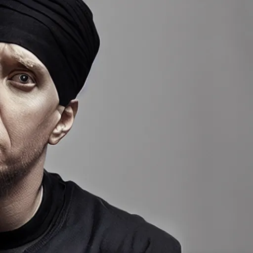 Prompt: eminem as a middle eastern man wearing a turban, yoji shinkawa