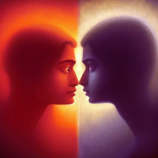 Prompt: perfectly - centered movie promotional poster - photograph of a young indian guy and a beautiful girl side profile faces symmetrical ; real life portrait by beksinski and jean delville, romantic theme, two lovers sharing one heart, unreal engine 5, photorealism, hd quality, 8 k resolution, cinema 4 d, hdr dramatic lighting ; symmetrical, cinematic, high coherence